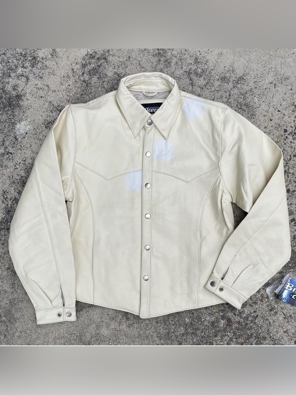 Vintage Cream Leather Bikers Club Snap-Front Jacket